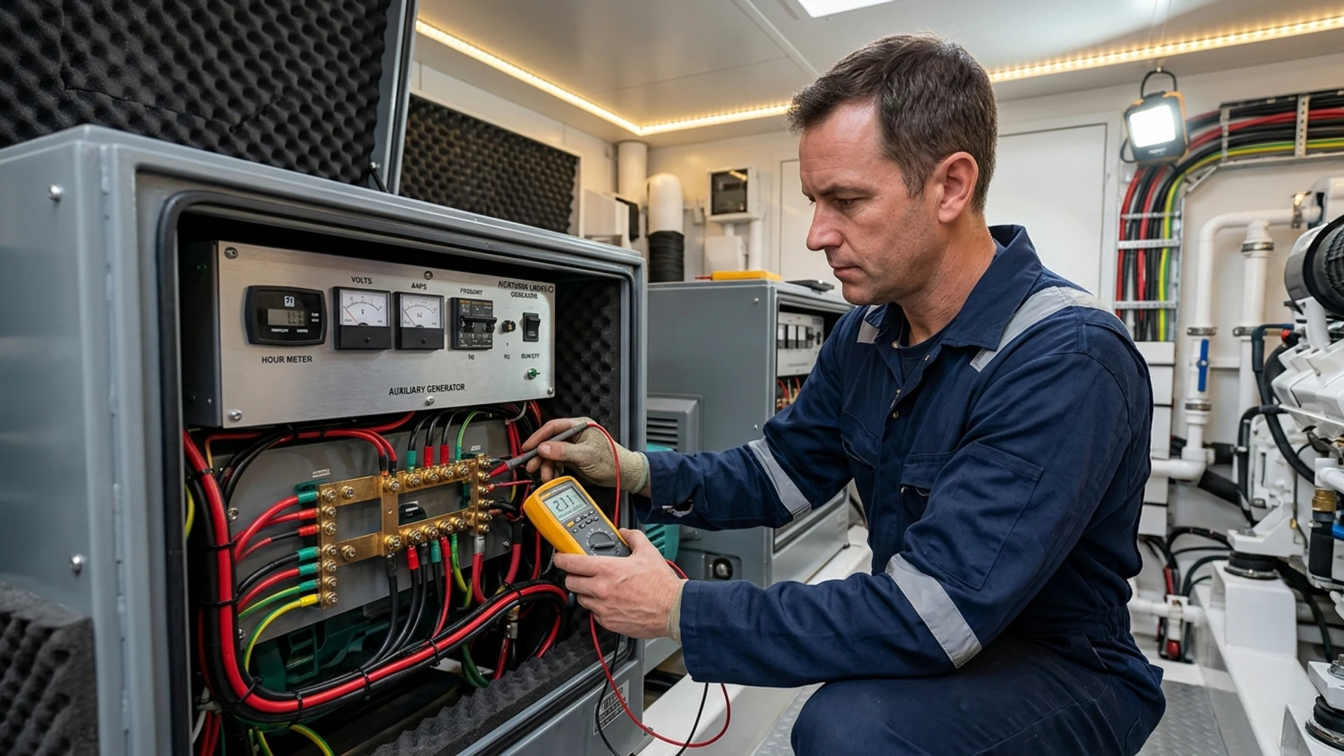Marin jeneratör kontrol paneli ve marin elektrik sisteminde multimetre ve teşhis testi