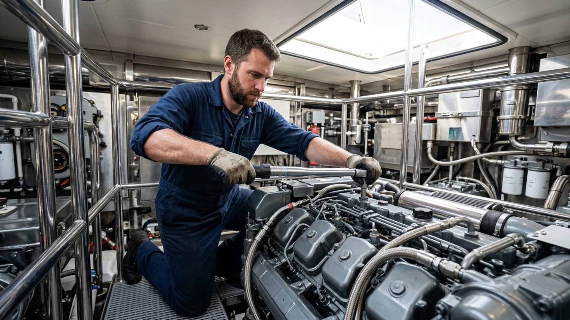 Tekne makine dairesinde marin motor mekanik bakım ve parça kontrolü
