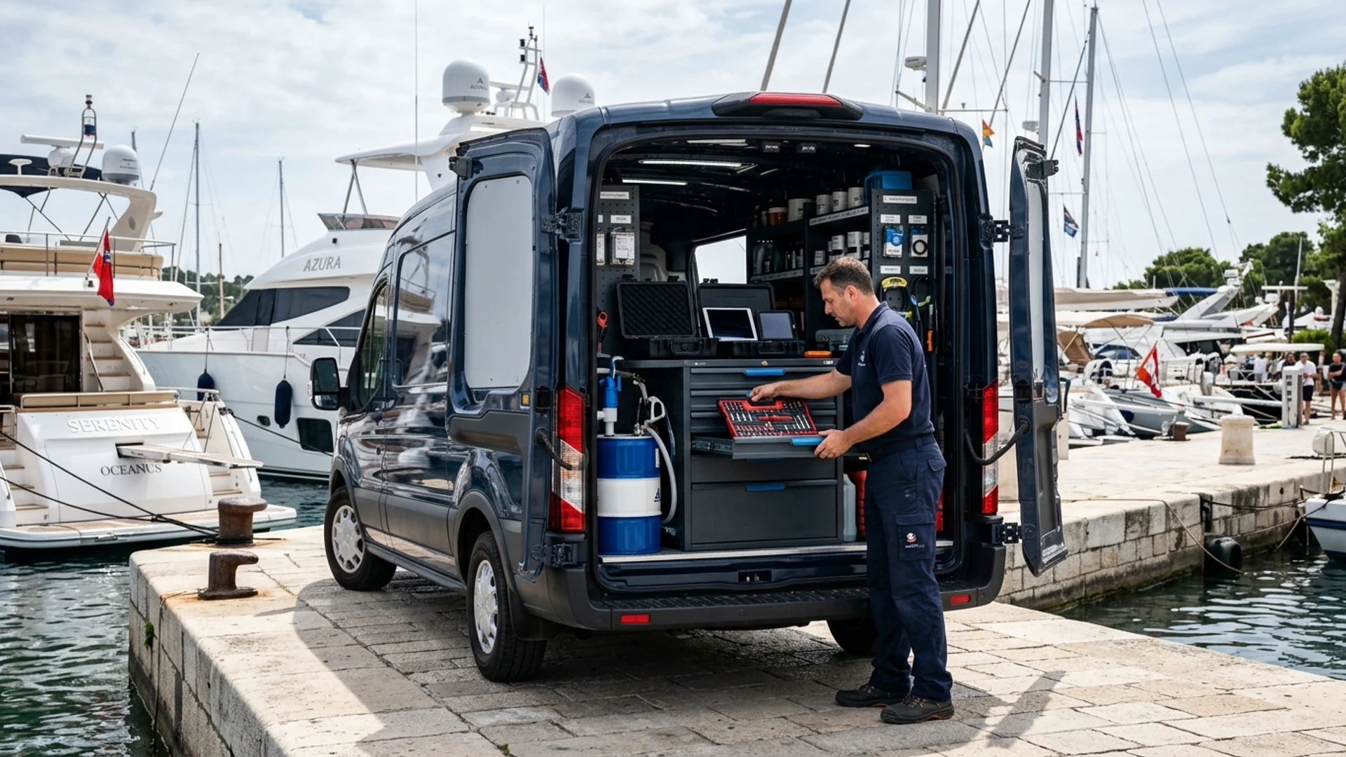 Yat rıhtımında donanımlı mobil marin servis aracı ve teknik ekipmanlar